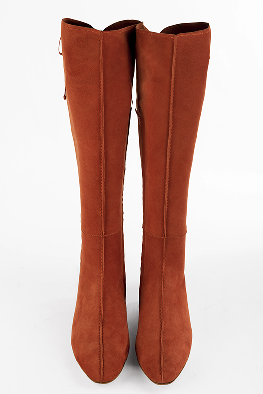 Terracotta orange women's knee-high boots, with laces at the back. Square toe. Flat leather soles. Made to measure. Top view - Florence KOOIJMAN